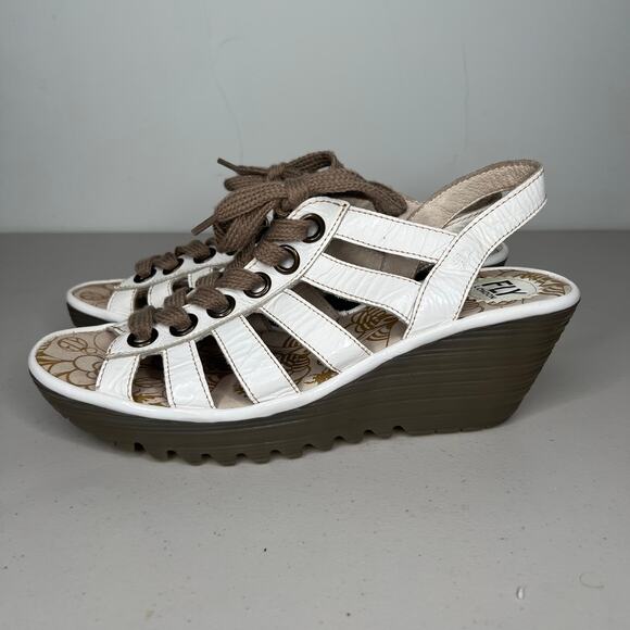 Fly London White Yito Wedge Lace Up Dress Sandals Size 42 - Picture 5 of 10